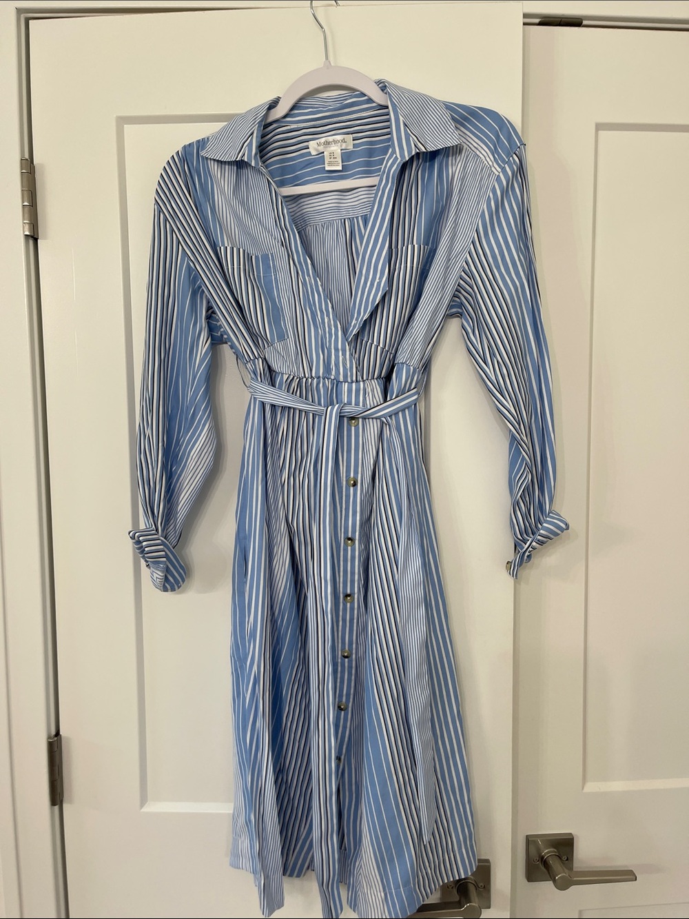 Motherhood Blue & White Striped Long Sleeve Shirt Dress with Belt